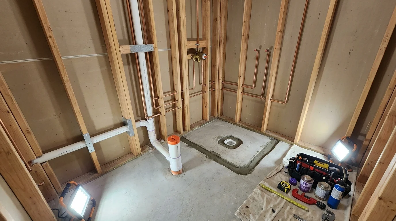 Bathroom rough-in plumbing during remodel by Johns Plumbing LLC in Coushatta