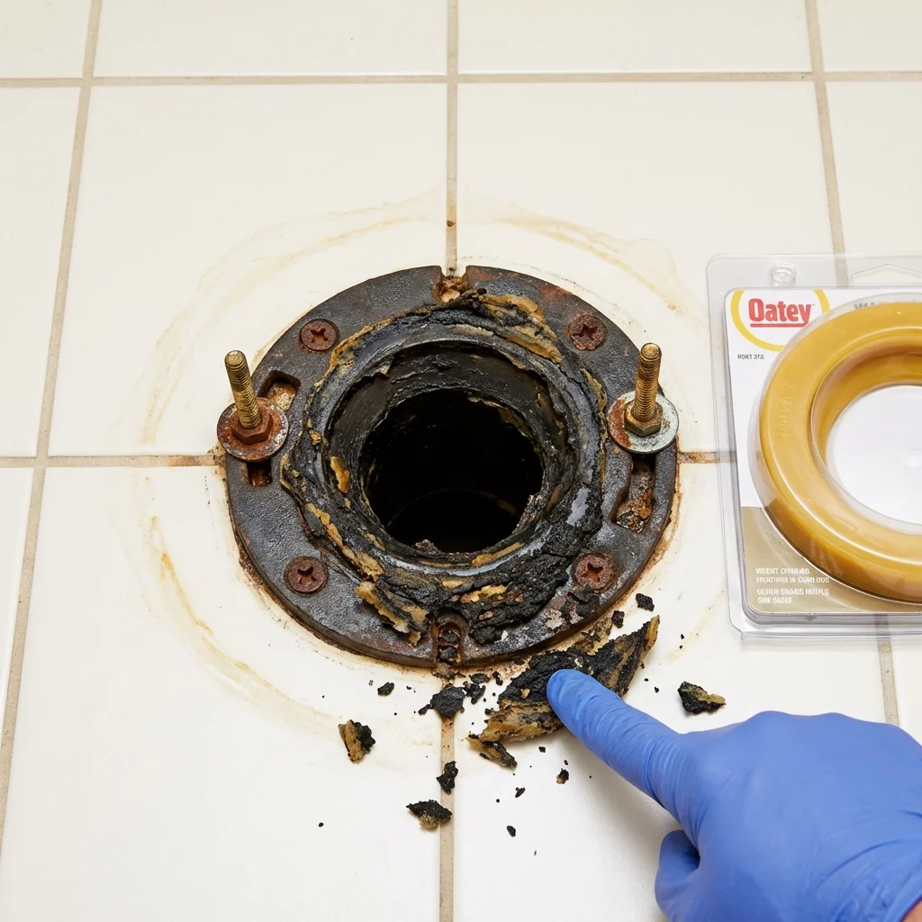 Failed wax ring showing water seepage at the base of a toilet in a Coushatta, LA home