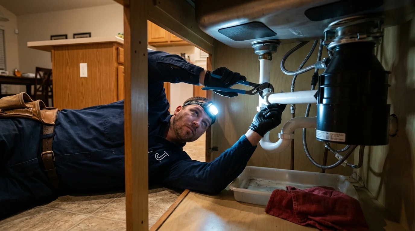 P-trap and supply line connections under a kitchen sink showing a common leak point in Coushatta, LA